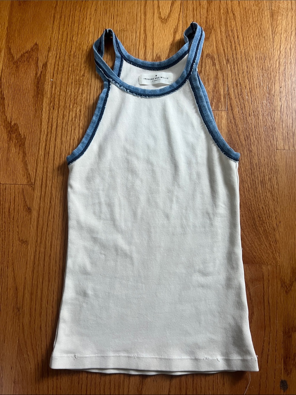 Imogene and Willie cream racerback halter tank Top with Blue Trim small